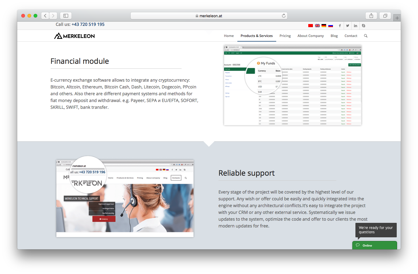 Merkeleon products and services webpage screenshot financial module reliable support