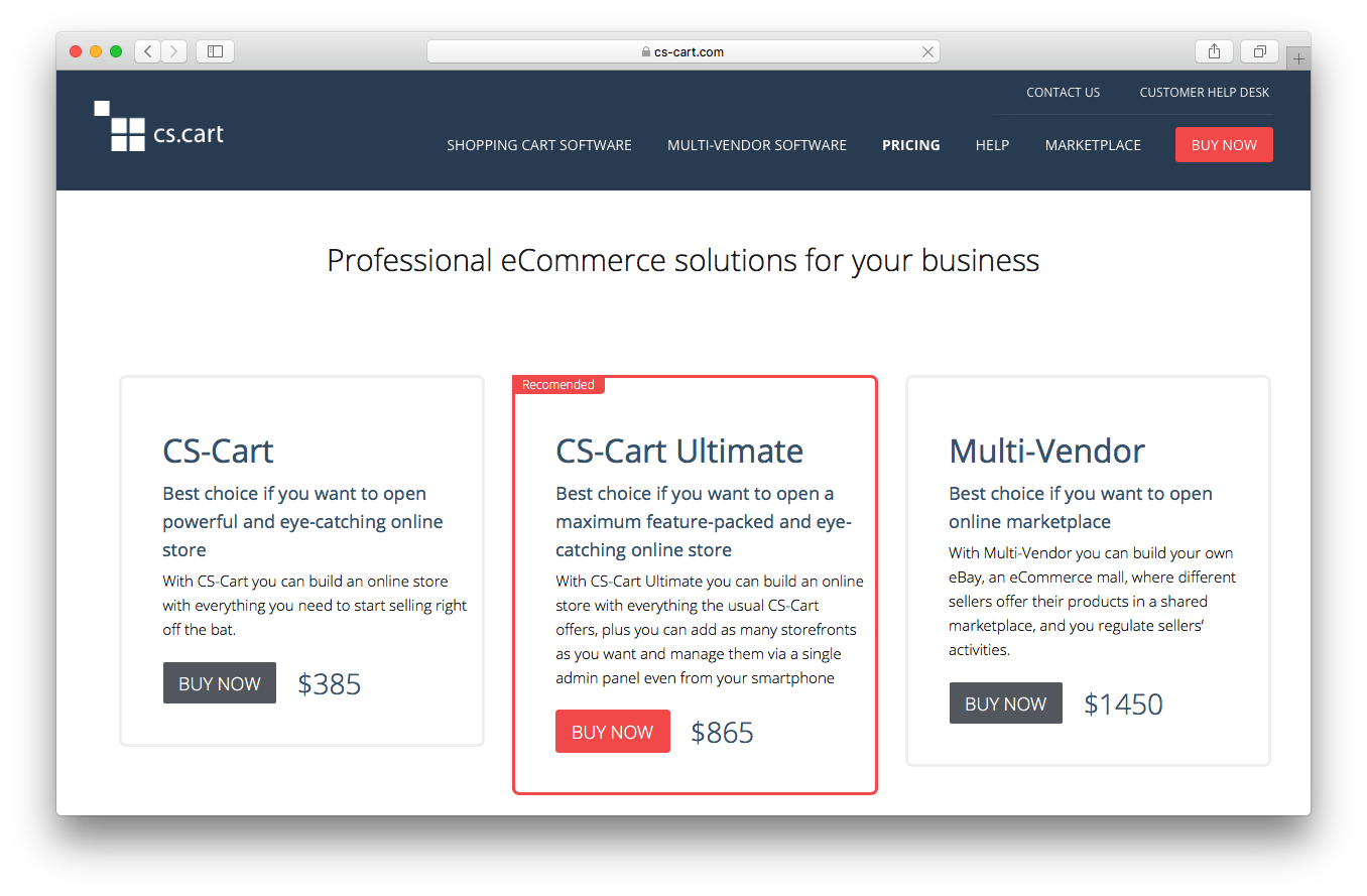 Cs-cart pricing webpage screenshot ultimate multi vendor professional ecommerce solutions for business