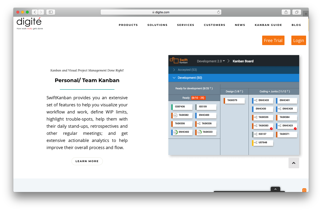 SwiftKanban features webpage screenshot personal team visual project management