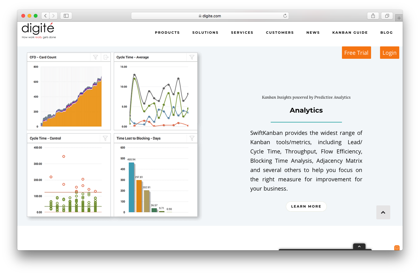 SwiftKanban features webpage screenshot enterprise portfolio visibility flow