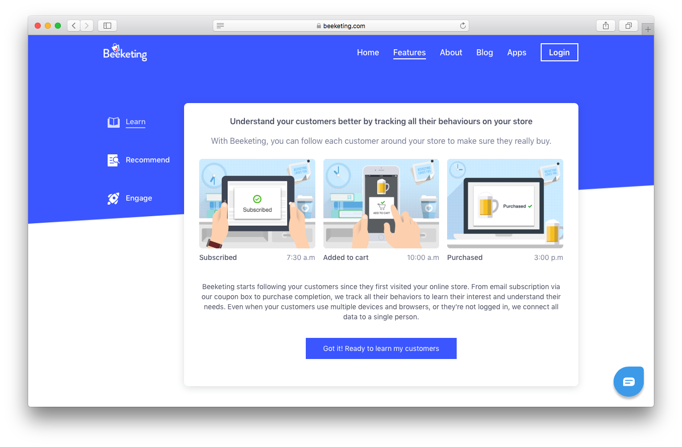 Beeketing features webpage screenshot learn recommend engage understand customers track behaviours store subscribed added to cart purchased