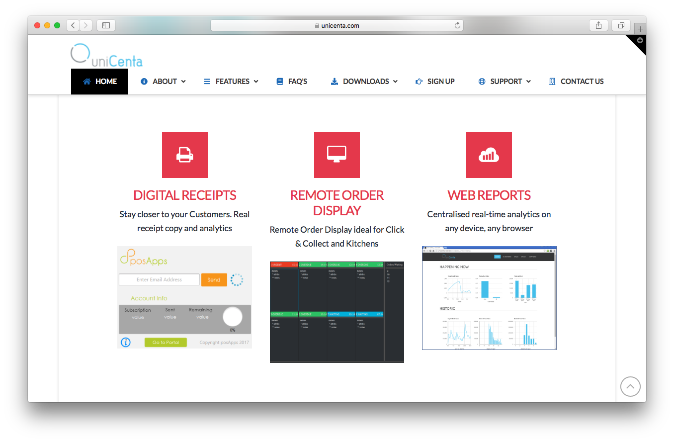 uniCenta homepage screenshot digital receipts remotes order display web reports