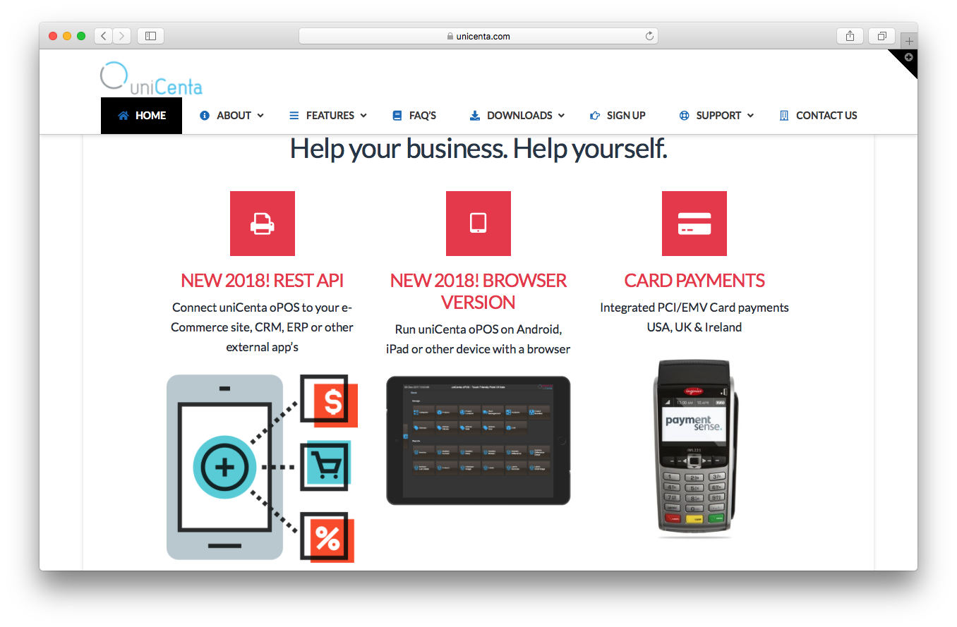 uniCenta homepage screenshot rest api browser version card payments