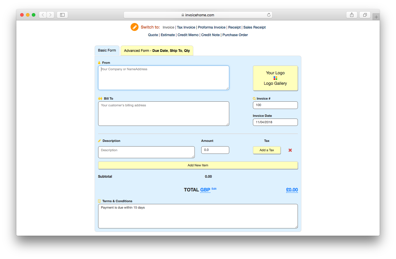 Invoice Home create new invoice tax pro forma receipt sales quote estimate credit memo note purchase order