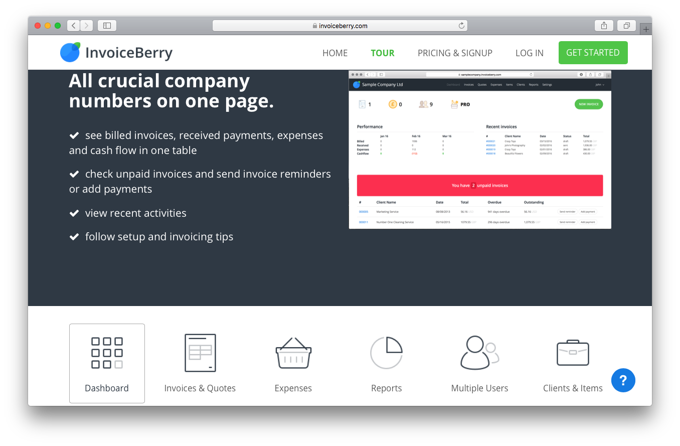 InvoiceBerry tour screenshot dashboard crucial company numbers page billed invoices received payments expenses cash flow table unpaid send reminders