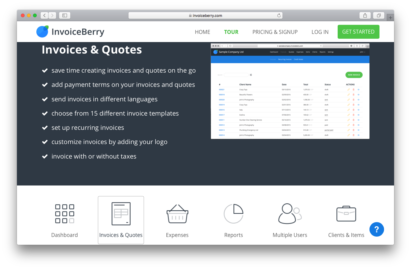 InvoiceBerry tour screenshot invoices and quotes save time add payment terms send in different languages templates customize logo taxes