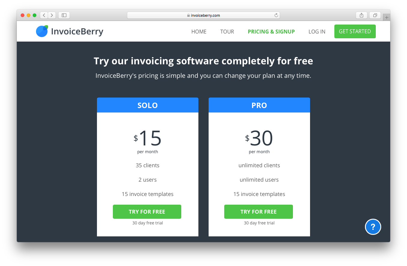 InvoiceBerry pricing screenshot solo pro clients users invoice templates try free