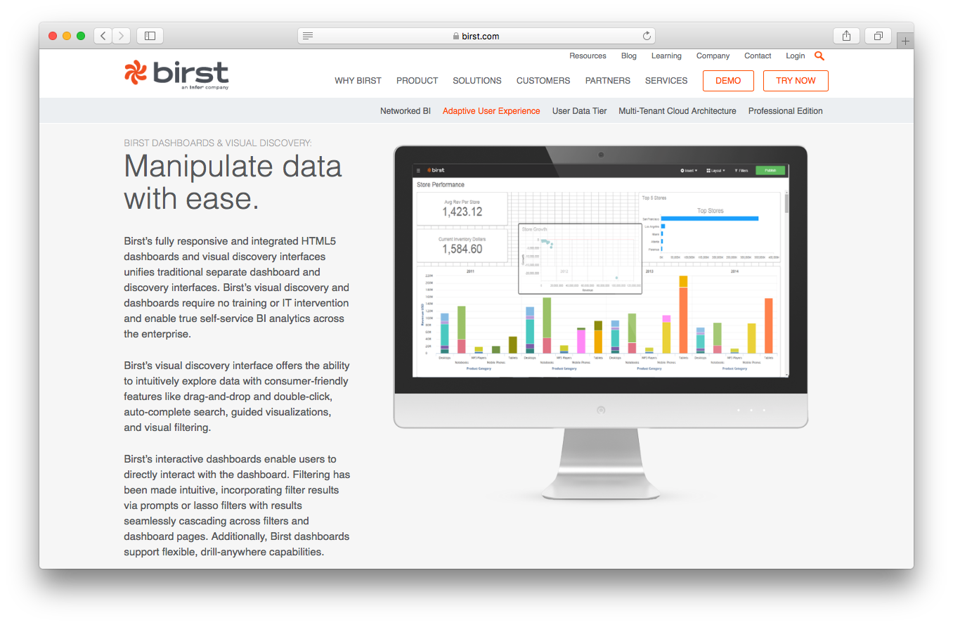 Birst product adaptive user experience screenshot business analytics manipulate data responsive integrated HTML5 dashboard visual discovery interface