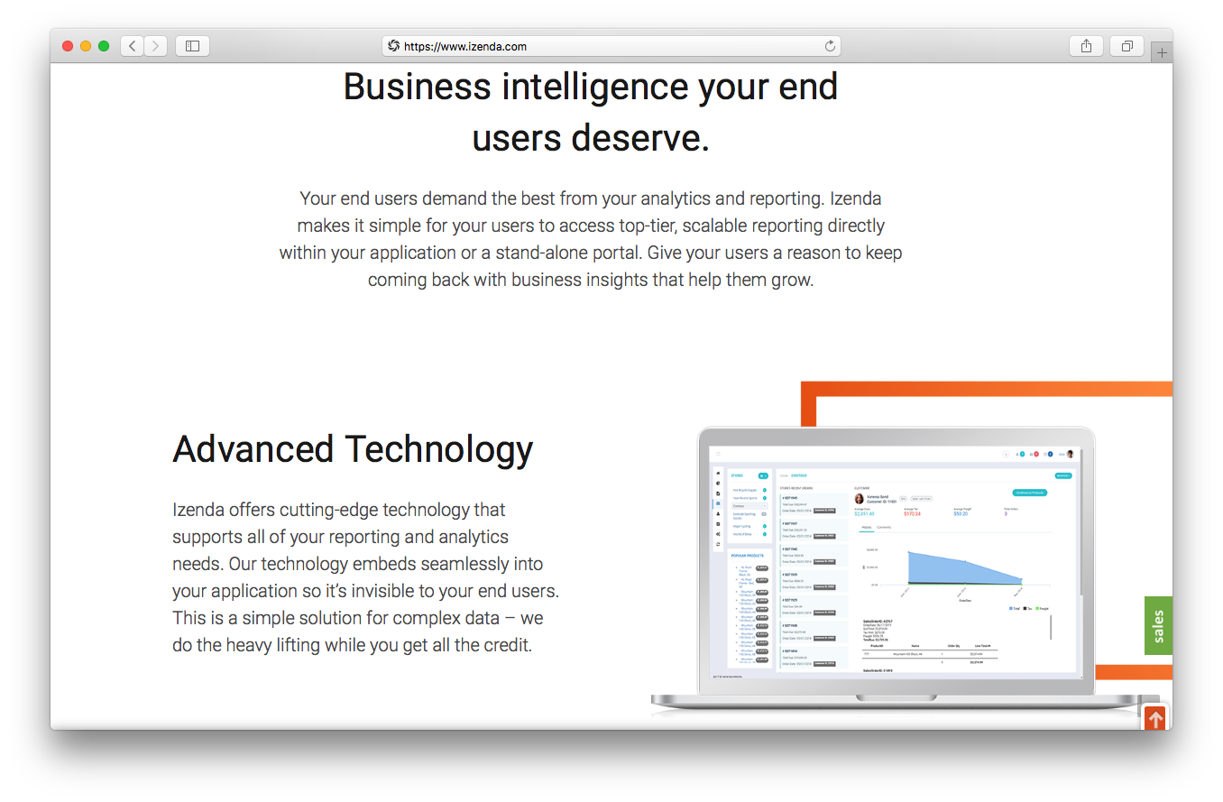 iZenda homepage screenshot business intelligence end users deserve advanced technology