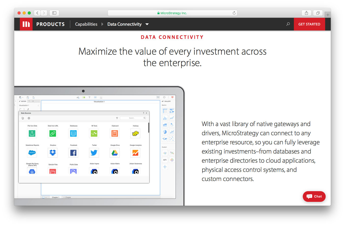 MicroStrategy products capabilities screenshot data connectivity native gateways drivers enterprise resource database directories cloud applications