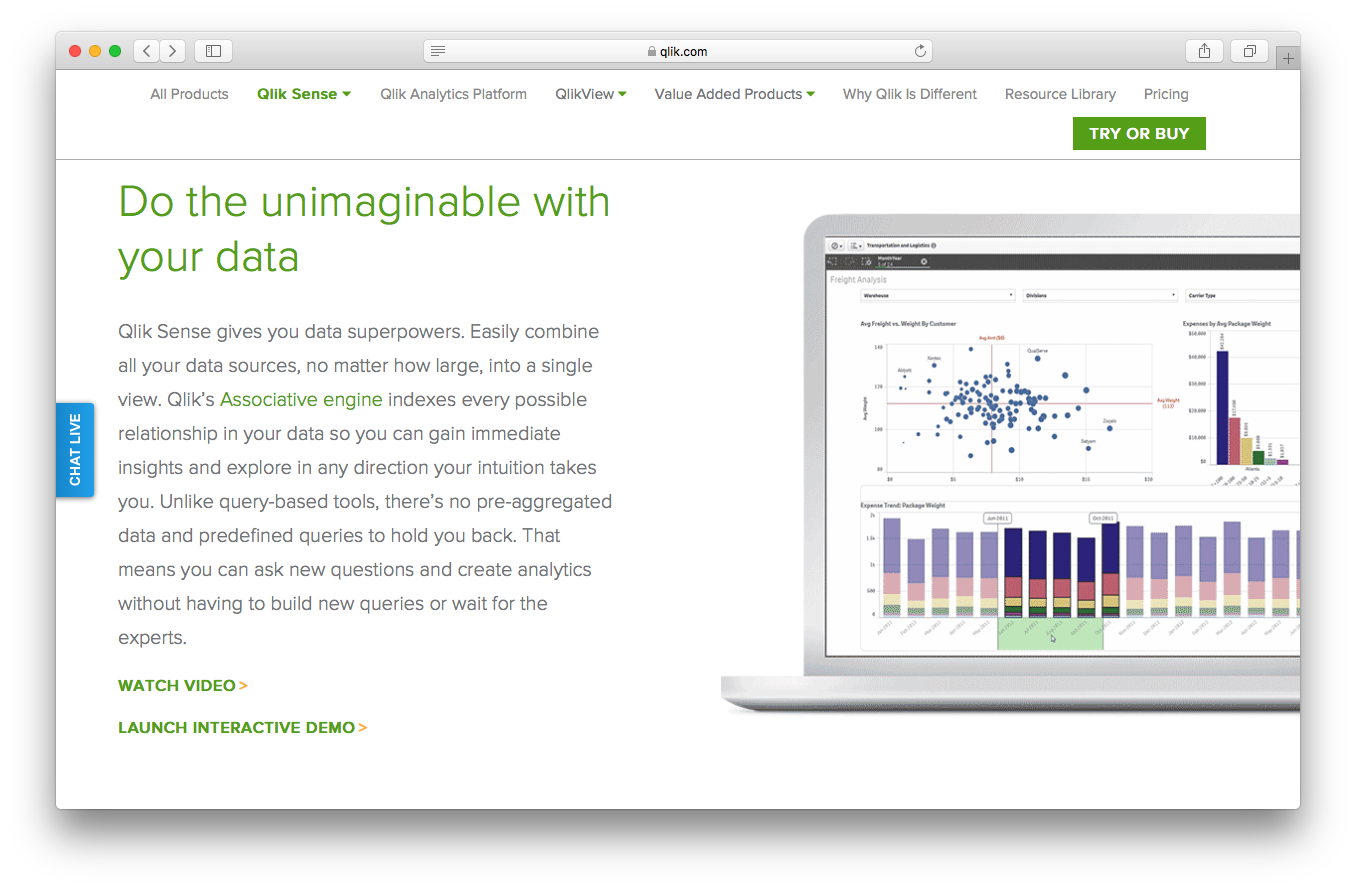 Qlik sense product webpage screenshot data associative engine insights analytics