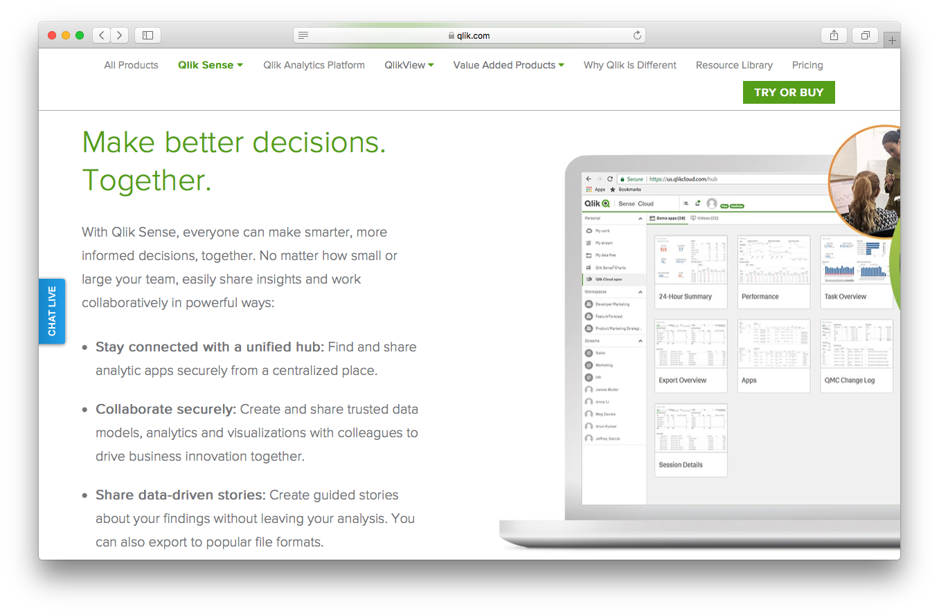 Qlik sense product webpage screenshot decisions connected unified hub collaborate securely data analysis