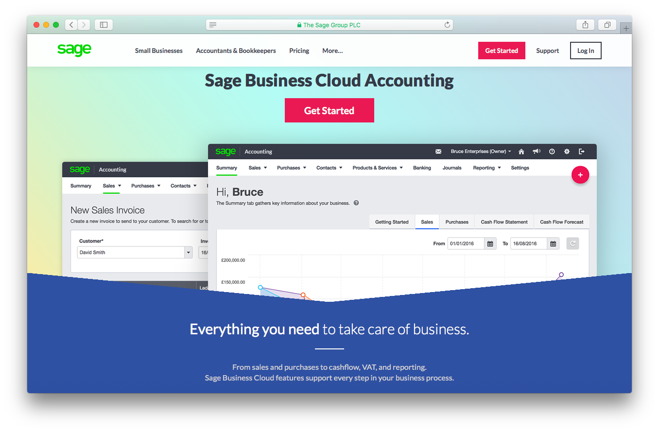 Sage one business cloud accounting account screenshot sales purchases cashflow VAT reporting