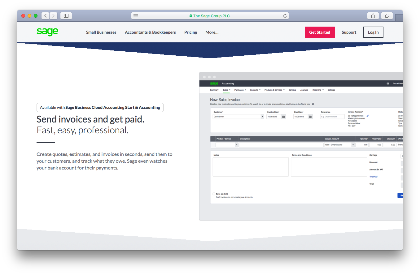 Sage one business cloud accounting account screenshot create and send invoices quotes estimates to customers get paid fast easy professional