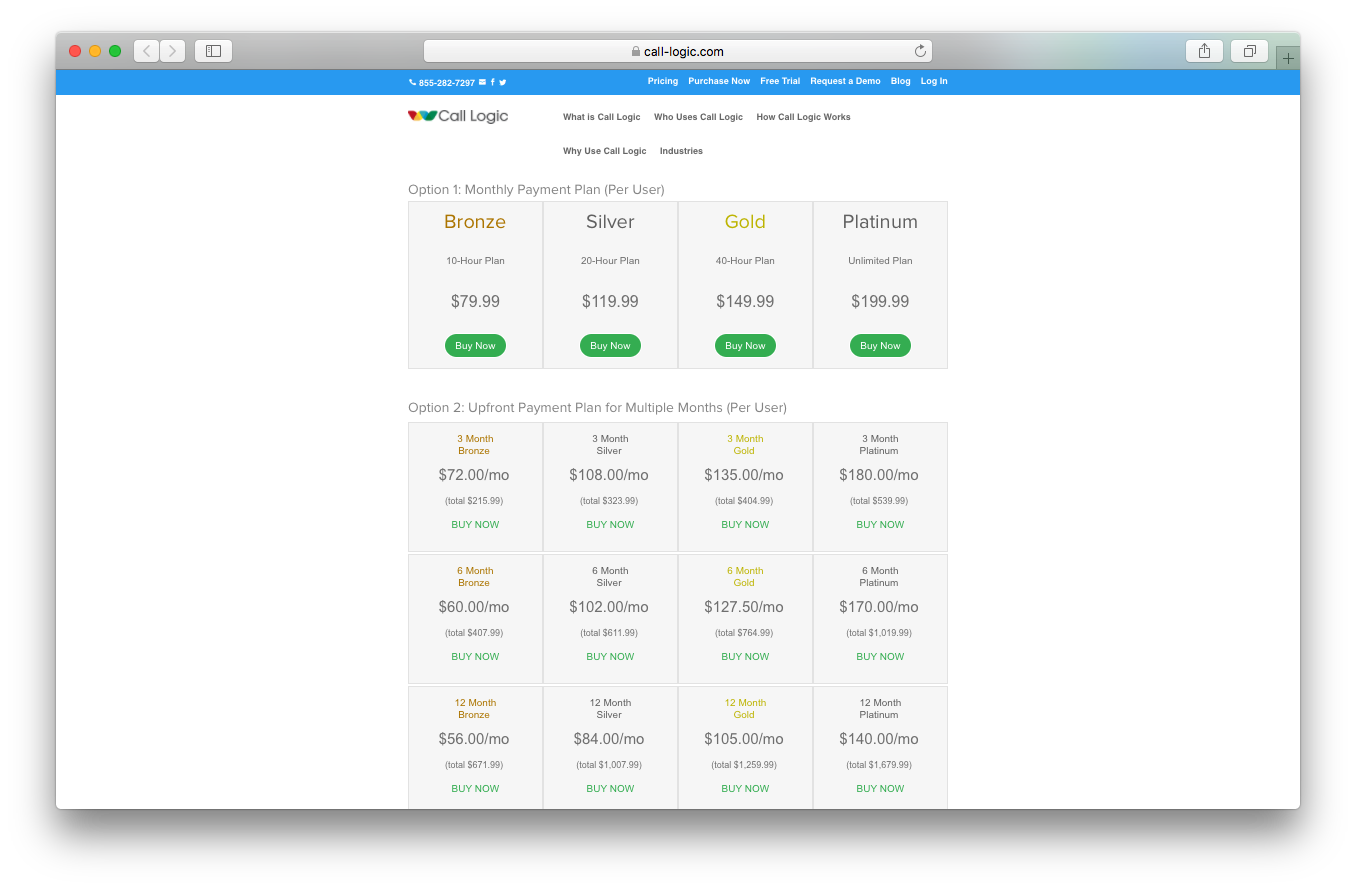 Call Logic pricing screenshot monthly payment plan per user multiple months bronze gold silver platinum