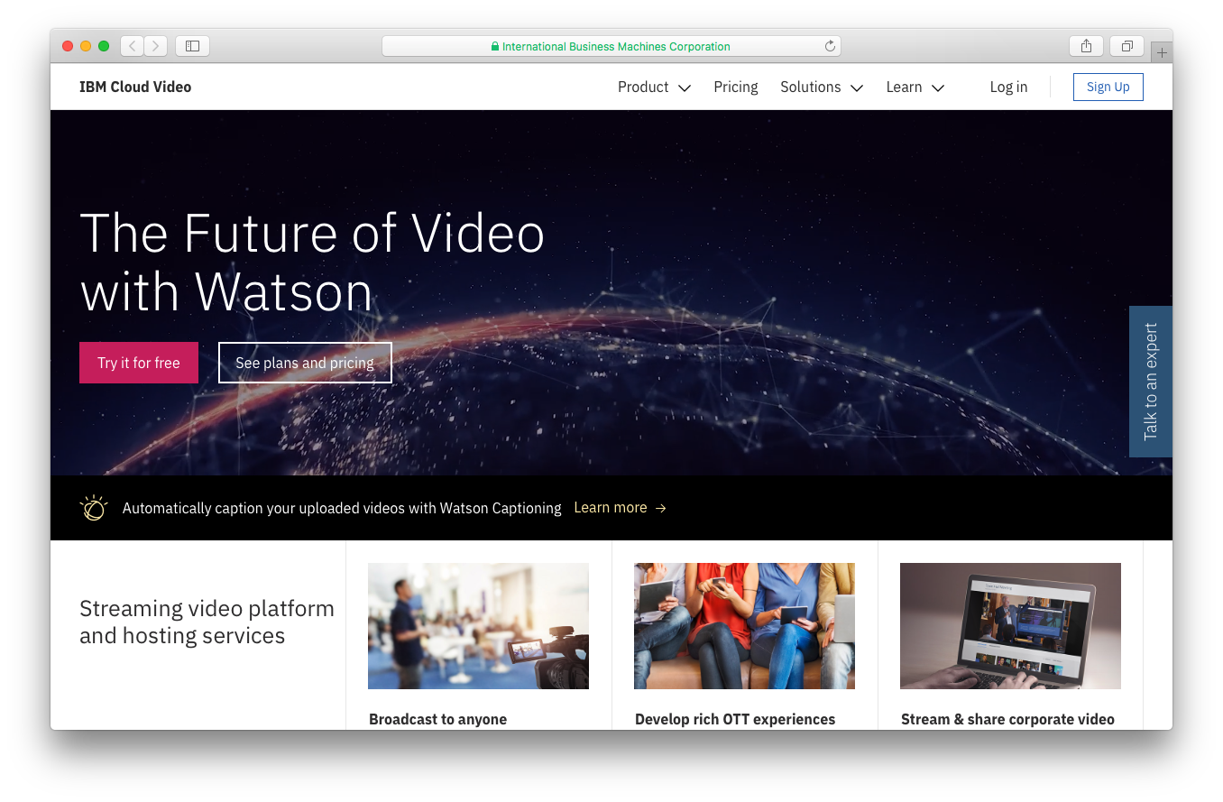 IBM Cloud video with Ustream homepage screenshot future video Watson streaming video platform hosting services broadcast anyone develop rich OTT experiences stream share corporate