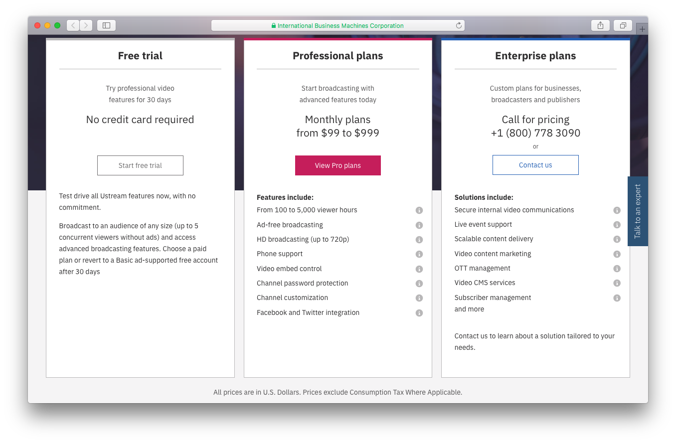 IBM Cloud video with Ustream pricing screenshot free trial professional enterprise