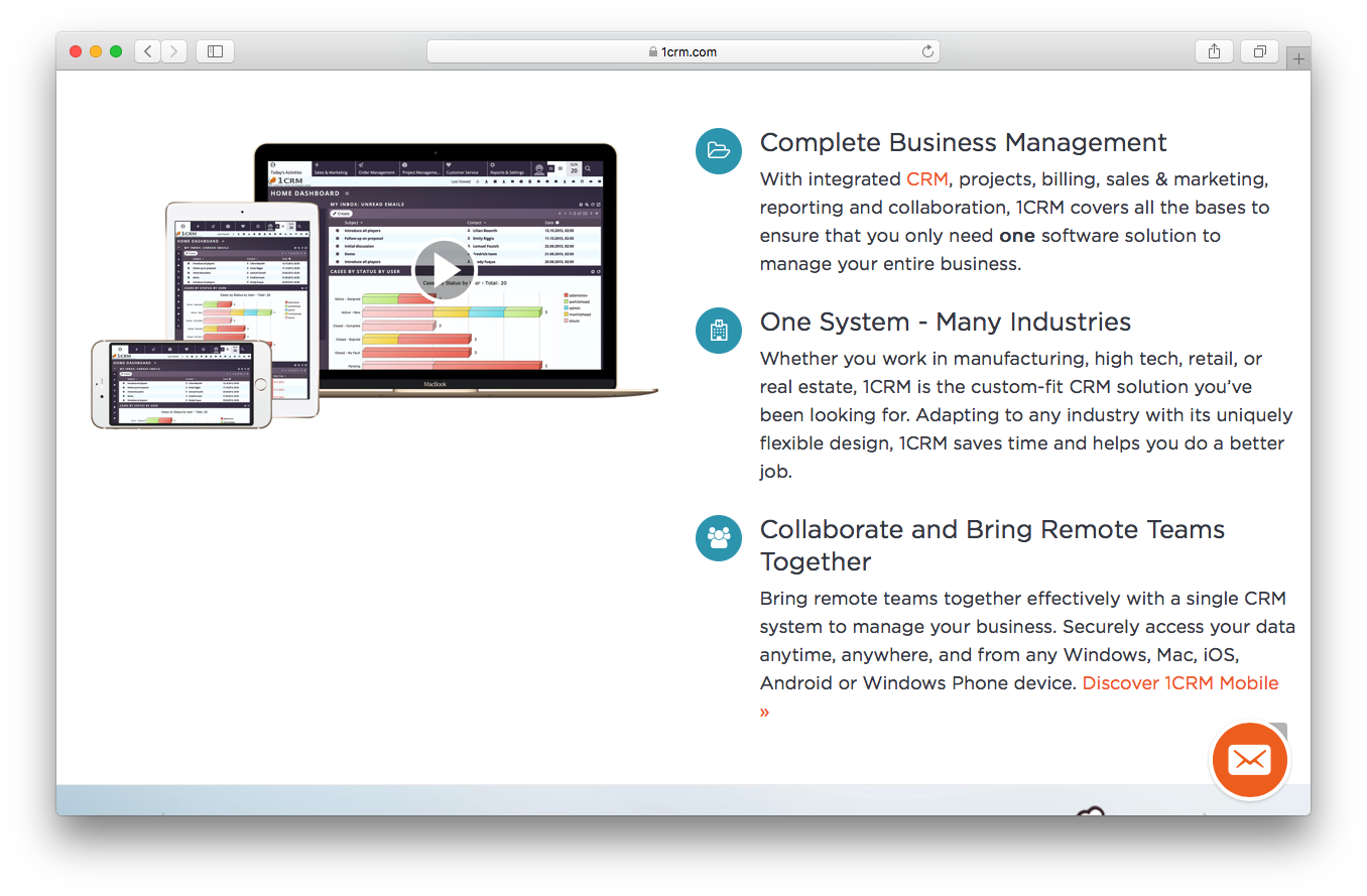 1CRM homepage screenshot complete business management one system collaborate remote teams