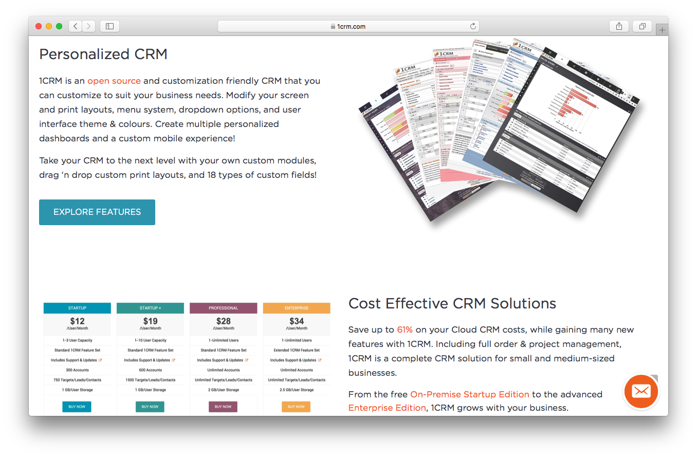 1CRM homepage screenshot personalised CRM dashboards cost effective solutions open source screen print layout menu system dropdown options user interface themes colours 