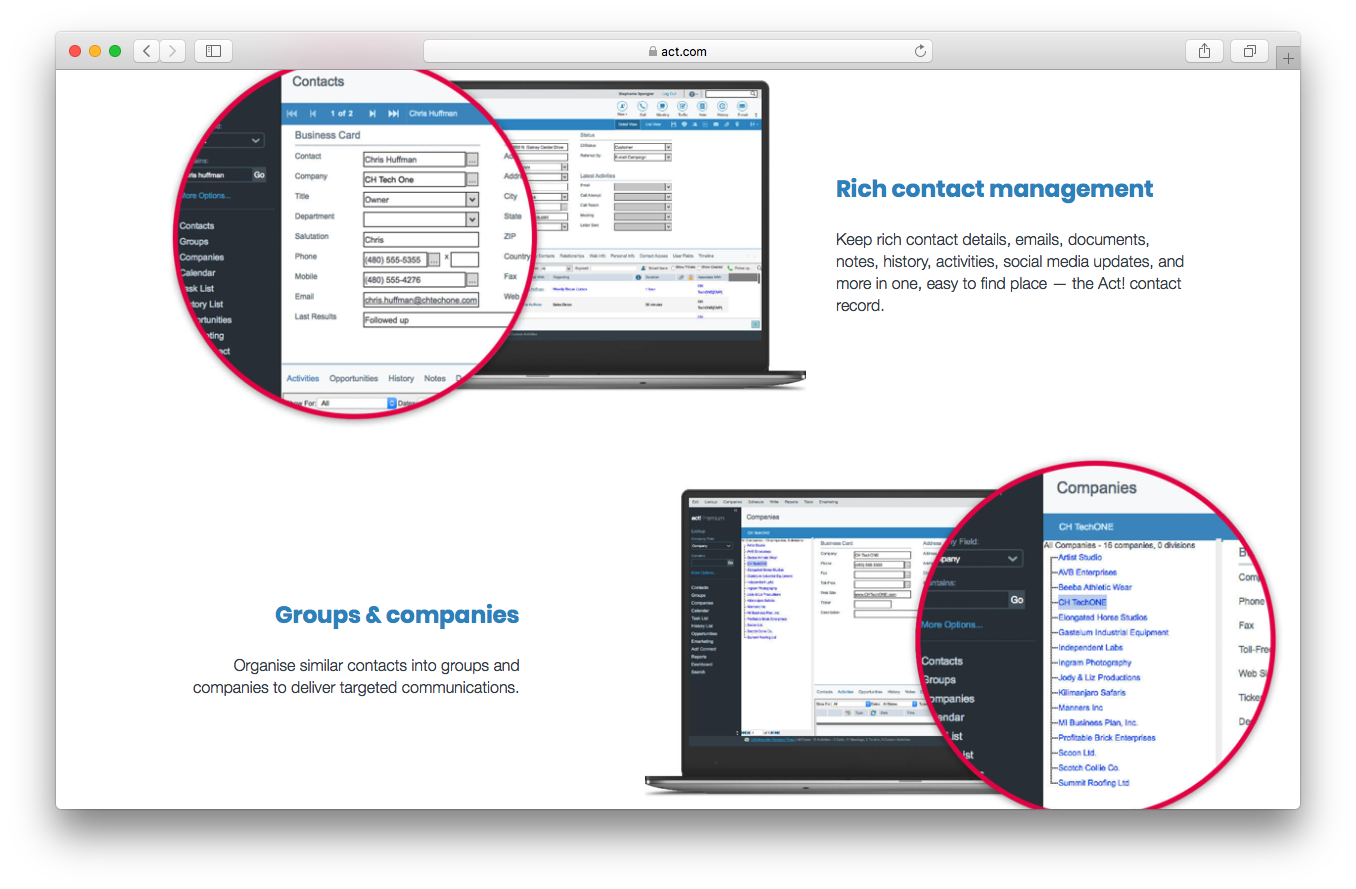 Act! Features benefits screenshot rich contact management groups companies