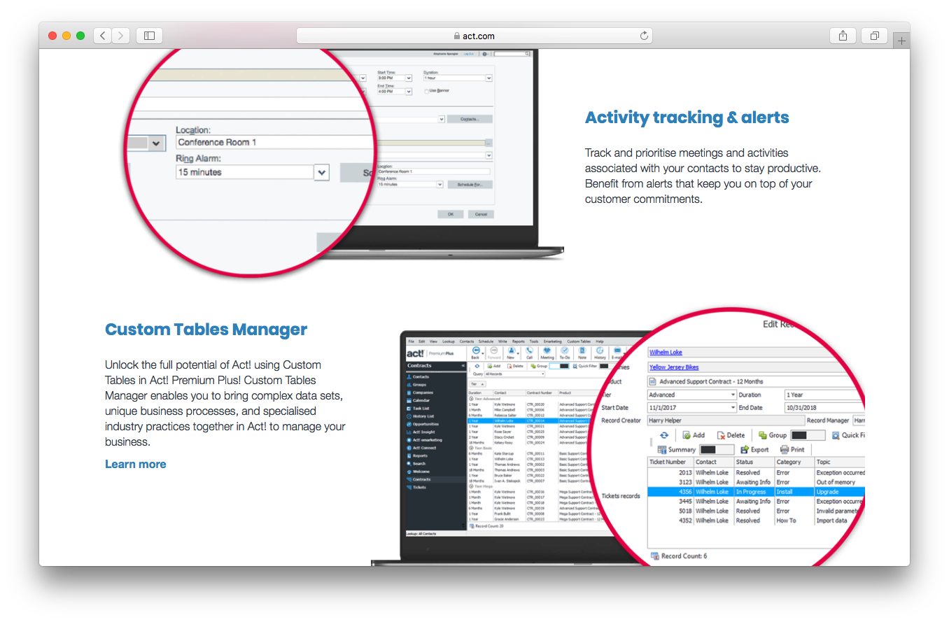 Act! Features benefits screenshot activity tracking alerts custom tables manager