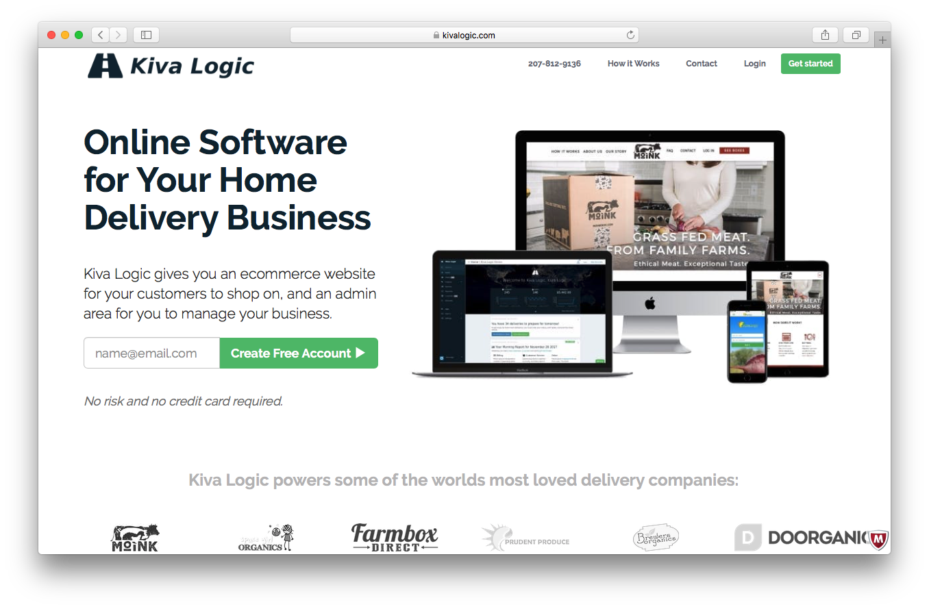 Kiva Logic homepage screenshot online software home delivery business ecommerce website customers shop admin manage