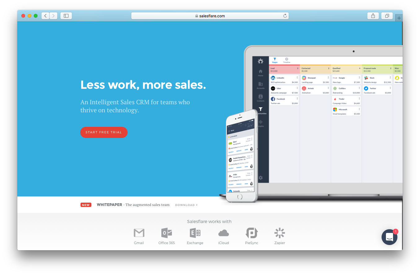 Salesflare homepage screenshot less work more sales intelligent cam teams thrive technology free trial