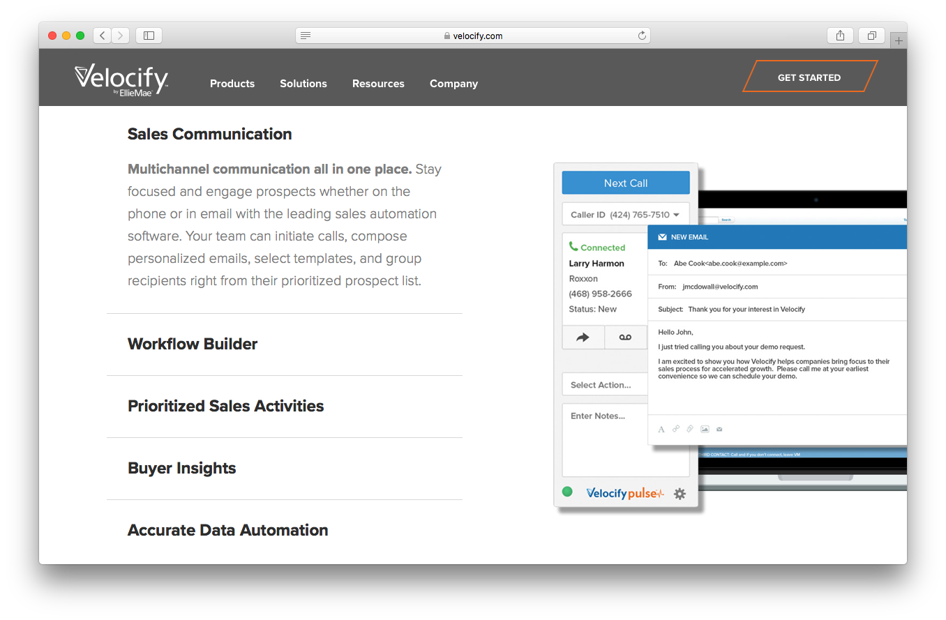 Velocify pulse product webpage screenshot sales multichannel communication workflow builder prioritised sales activities buyer insights accurate data automation