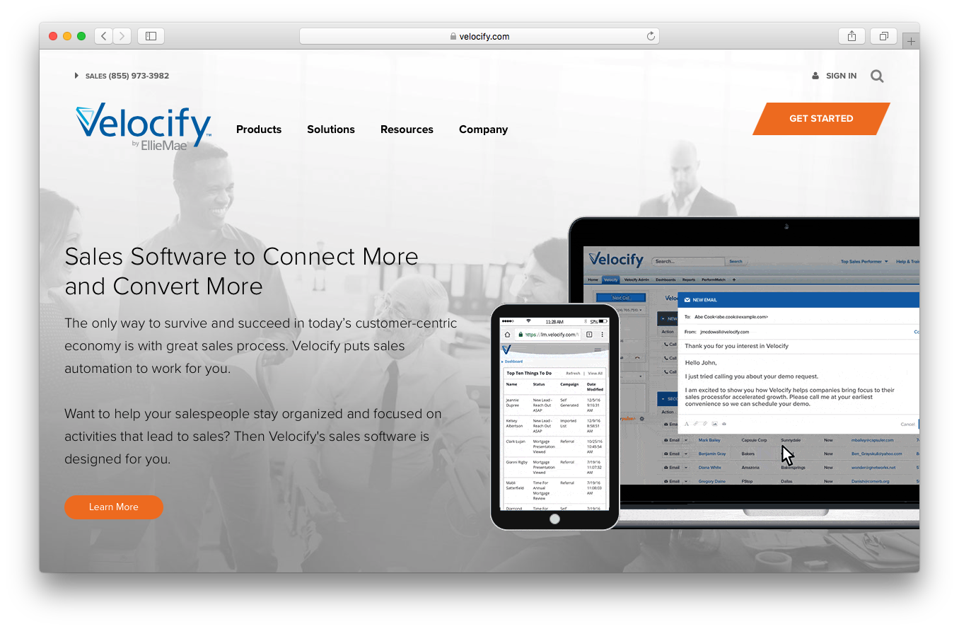 Velocify homepage screenshot sales software connect convert more customer salespeople automation