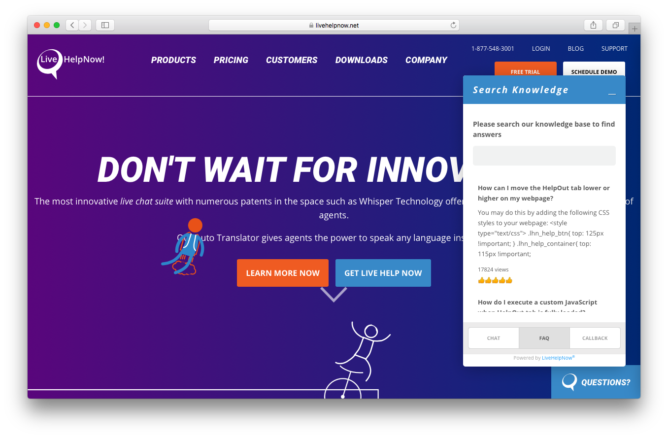 LiveHelpNow homepage screenshot search knowledge chat faq callback