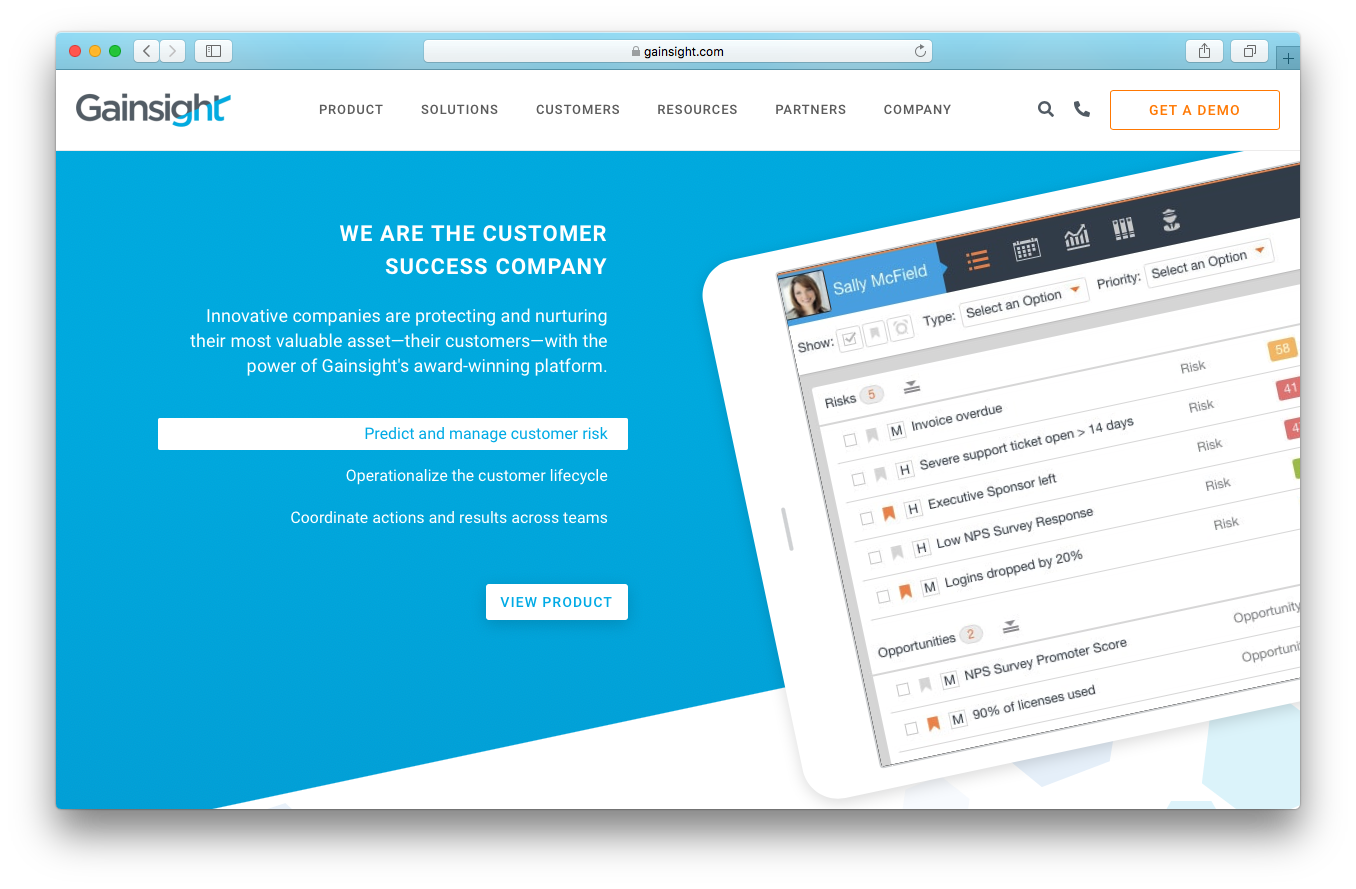 Gainsight homepage screenshot predict and manage customer risk operationalize customer lifecycle coordinate actions results across teams