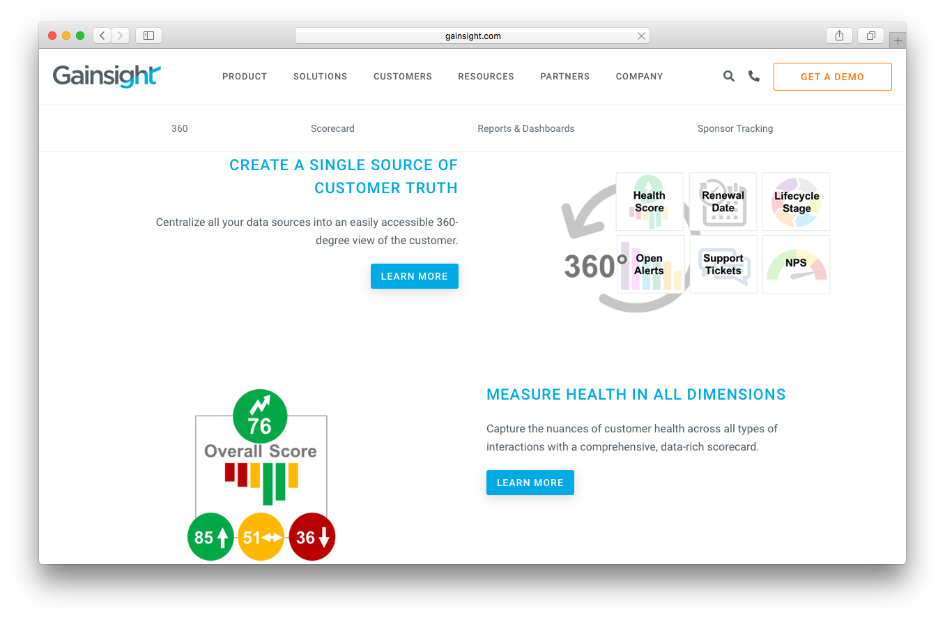 Gainsight products applications insights webpage screenshot single source customer truth 360 degree view measure health all dimensions