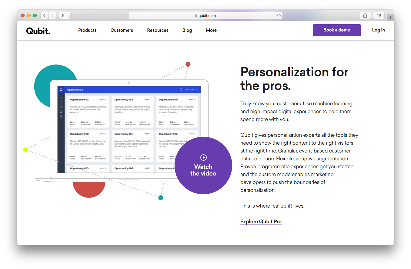 Qubit pro homepage screenshot personalization customers machine learning high impact digital experiences granular event based data collection flexible adaptive segmentation