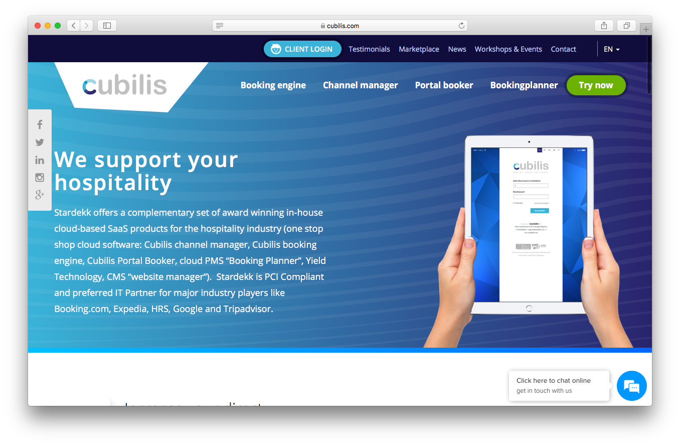 Cubilis homepage screenshot support hospitality seas hospitality industry