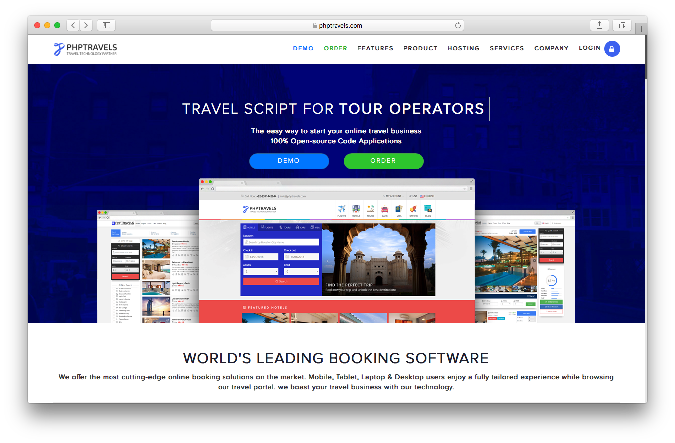 PHP Travel homepage screenshot travel script online business open source code booking software