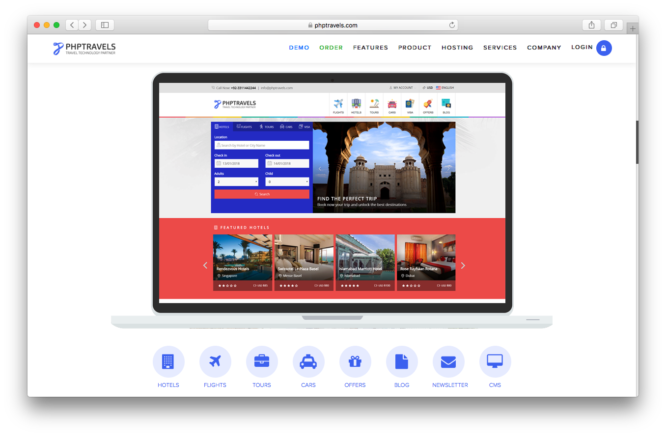PHP Travel homepage screenshot hotels flights tours cars offers blog newsletter CMS