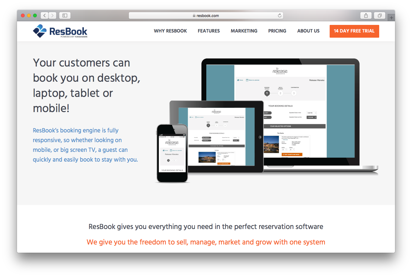 Resbook homepage screenshot customers book booking engine desktop laptop mobile tablet reservation software