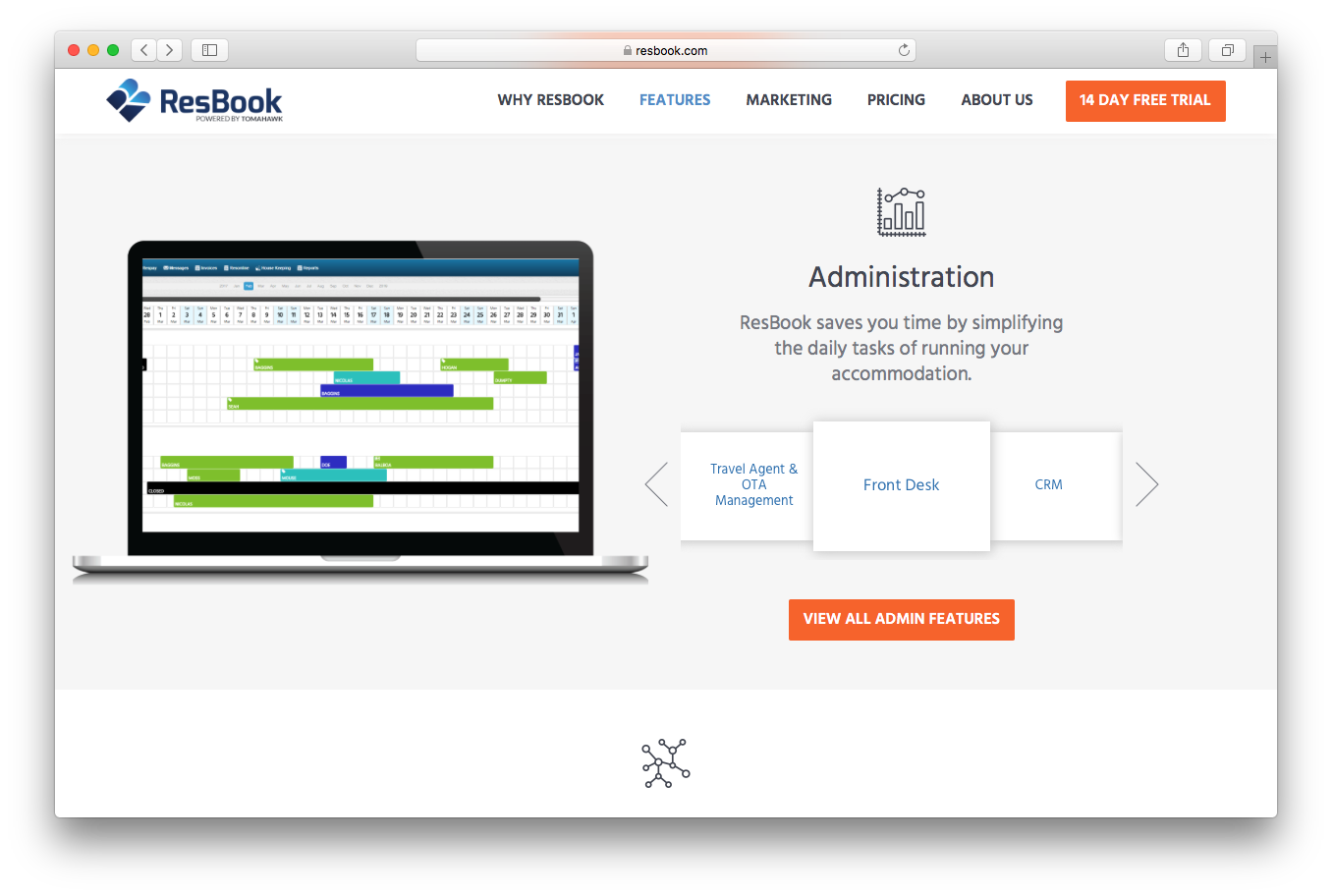 Resbook features screenshot administration front desk CRM travel agent OTA management admin features