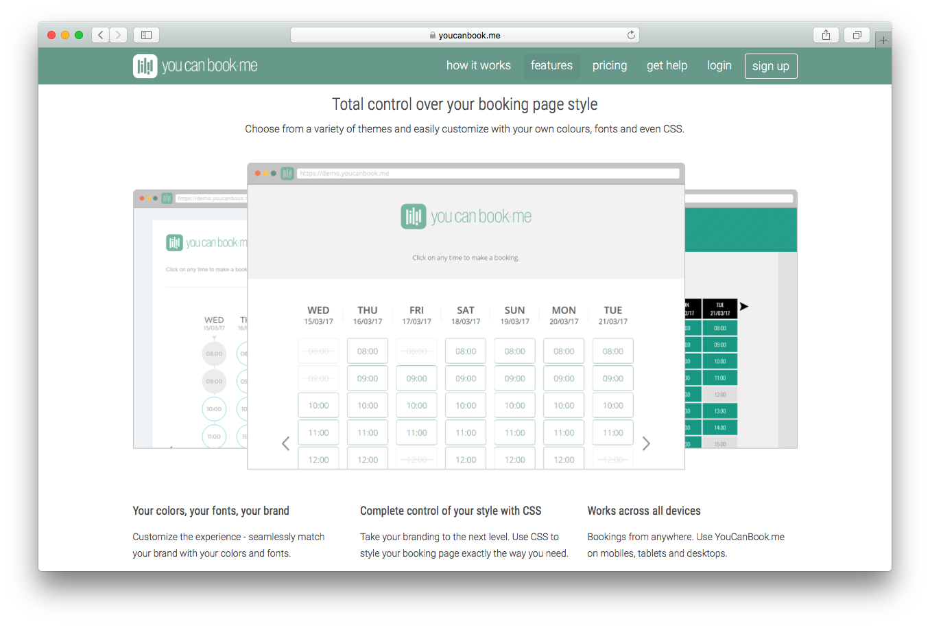 YouCanBook.me features screenshot total control booking page style variety themes easily customize colors fonts brand CSS all devices