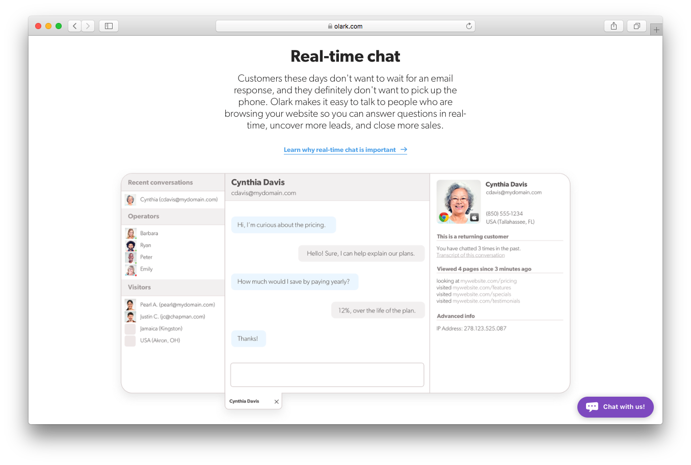 Olark features screenshot real time chat customers email phone browse website answer questions uncover leads close sales