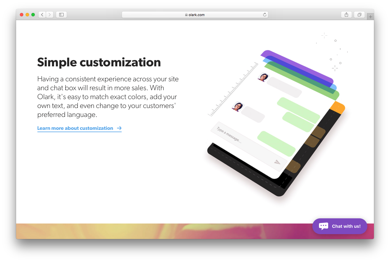 Olark features screenshot simple customisation chat box sales match colors add text change customer language