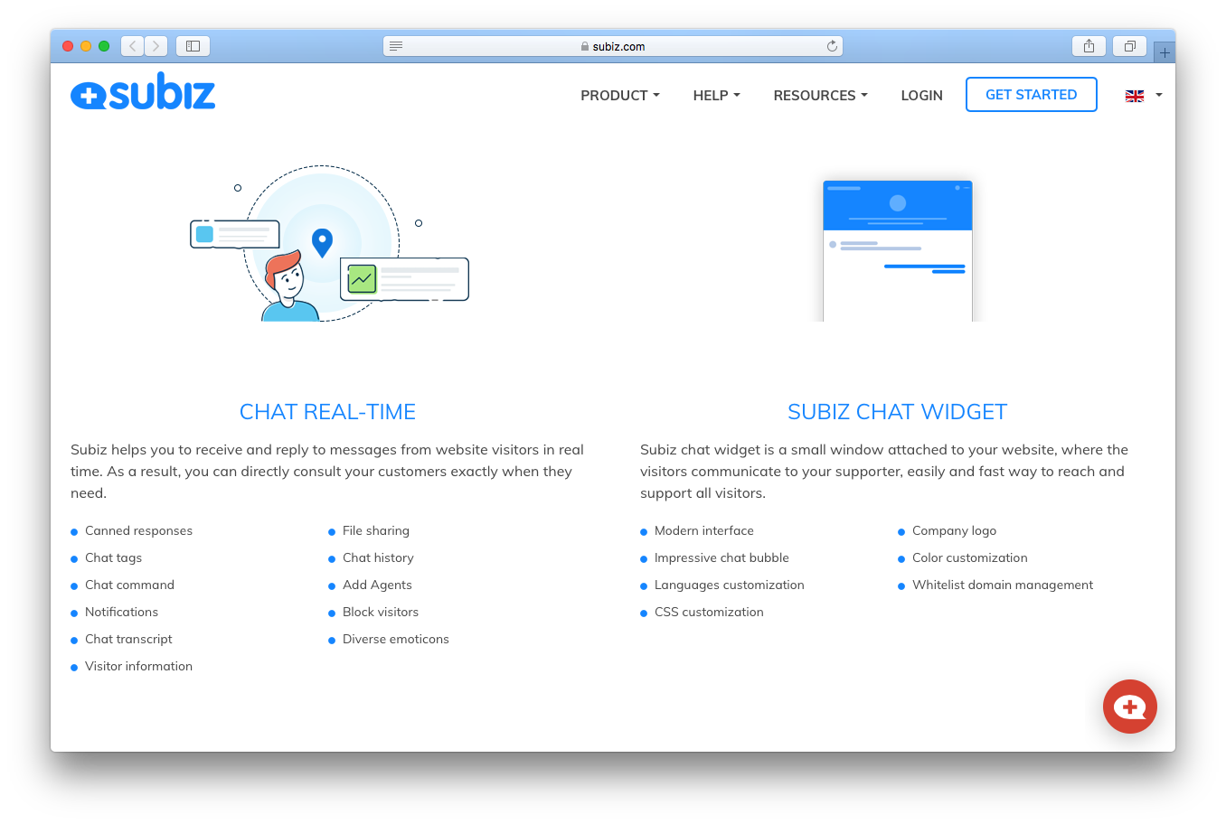 Subiz live chat screenshot real time widget Canned responses File sharing Chat tags Chat history Chat command Add Agents Notifications Block visitors Chat transcript Diverse emoticons Visitor information