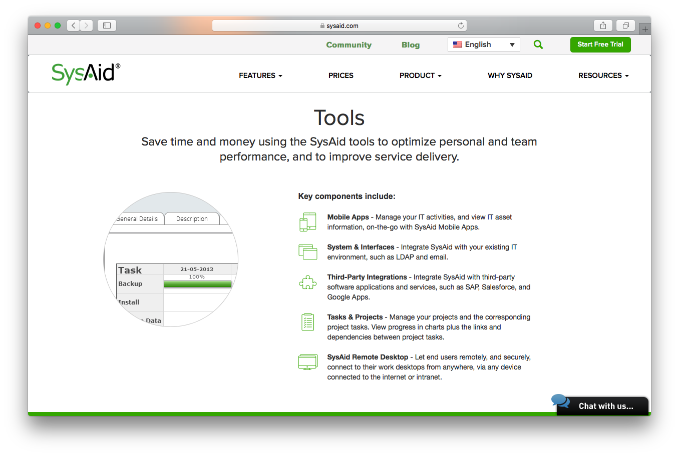 SysAid features screenshot tools save time money optimise personal team performance improve service delivery mobile apps system interface third party integration tasks projects Remote Desktop