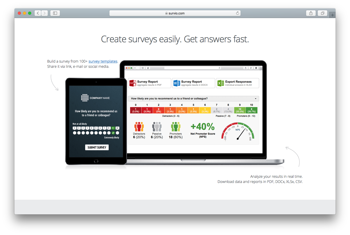 Survey homepage screenshot create survey easily get answers fast templates share link social media email analyse results real time download data reports PDF DOCx XLSx CSV