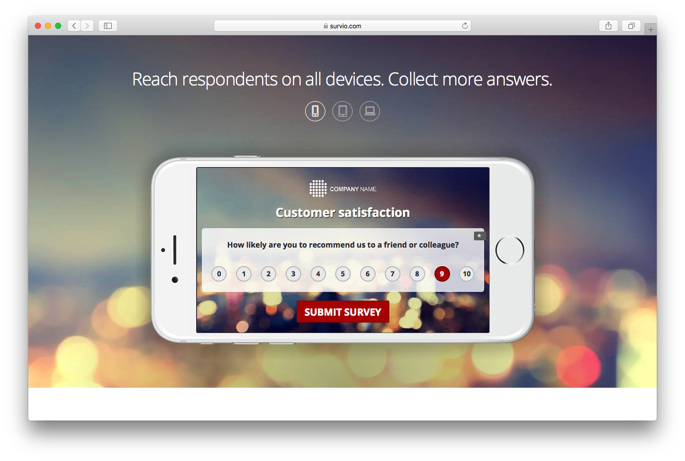 Survey homepage screenshot reach respondents all devices collect more answers mobile tablet pc laptop