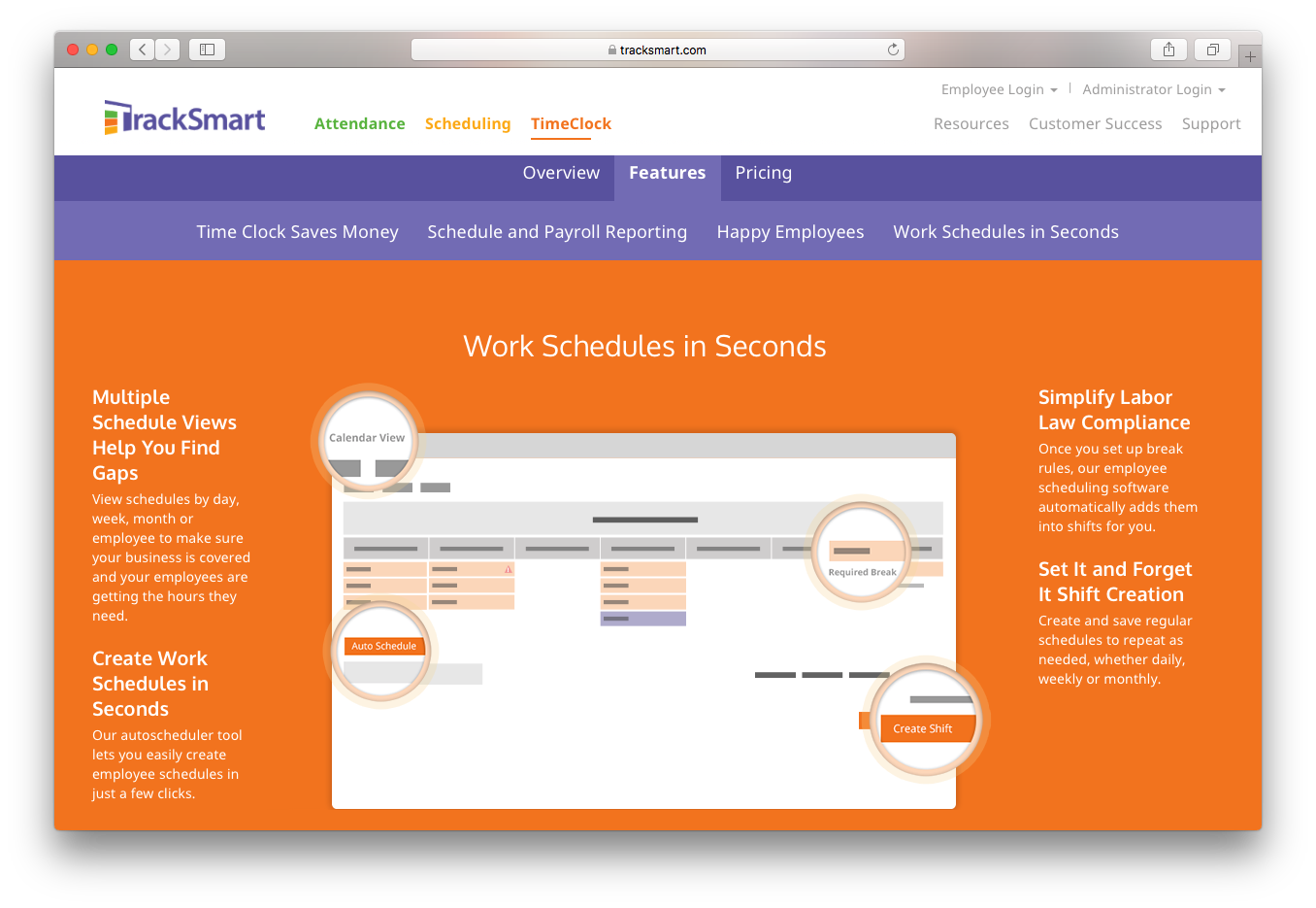 TrackSmart timeclock work schedules payroll calendar shift break employees 