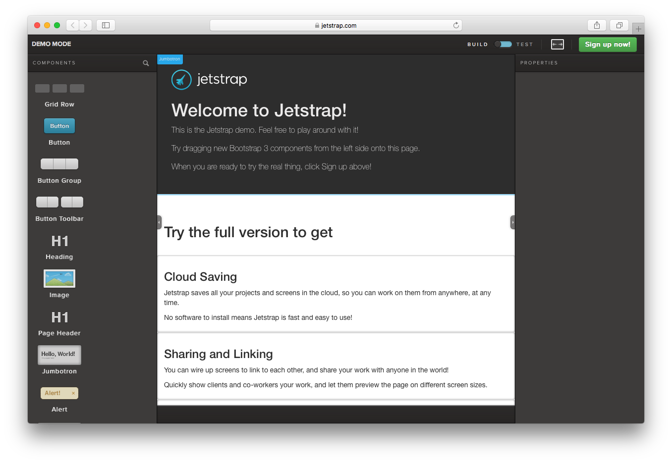 JetStrap demo bootstrap 3 cloud saving sharing linking html js css editing