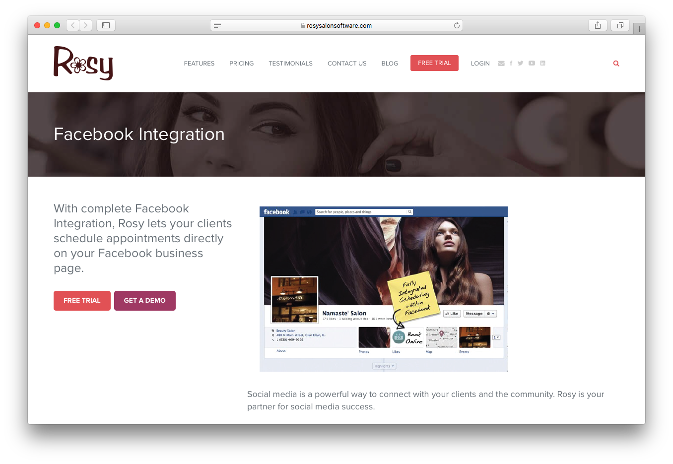 Rosy salon software facebook integration client schedule appointments
