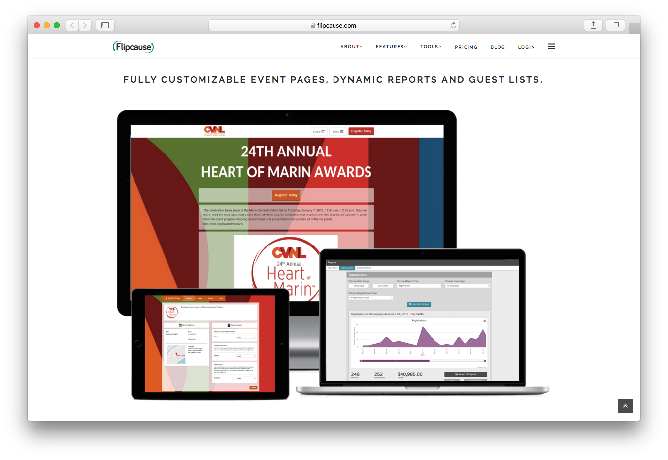 Flipcause events customizable pages dynamic reports guest lists