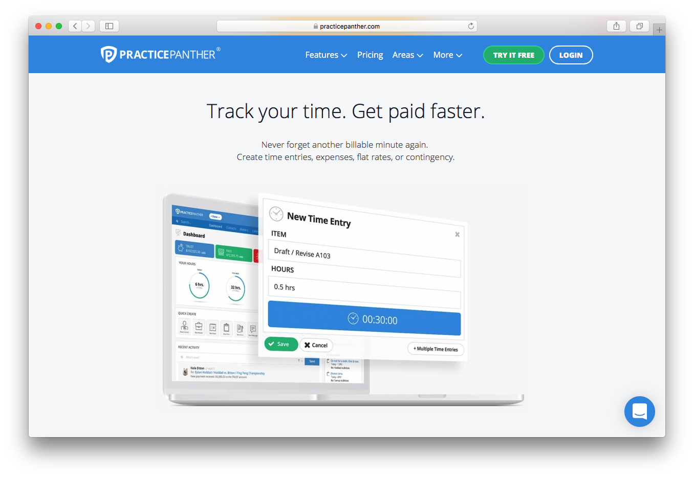 PracticePanther track time get paid faster billable minute time entries expenses flat rates contingency